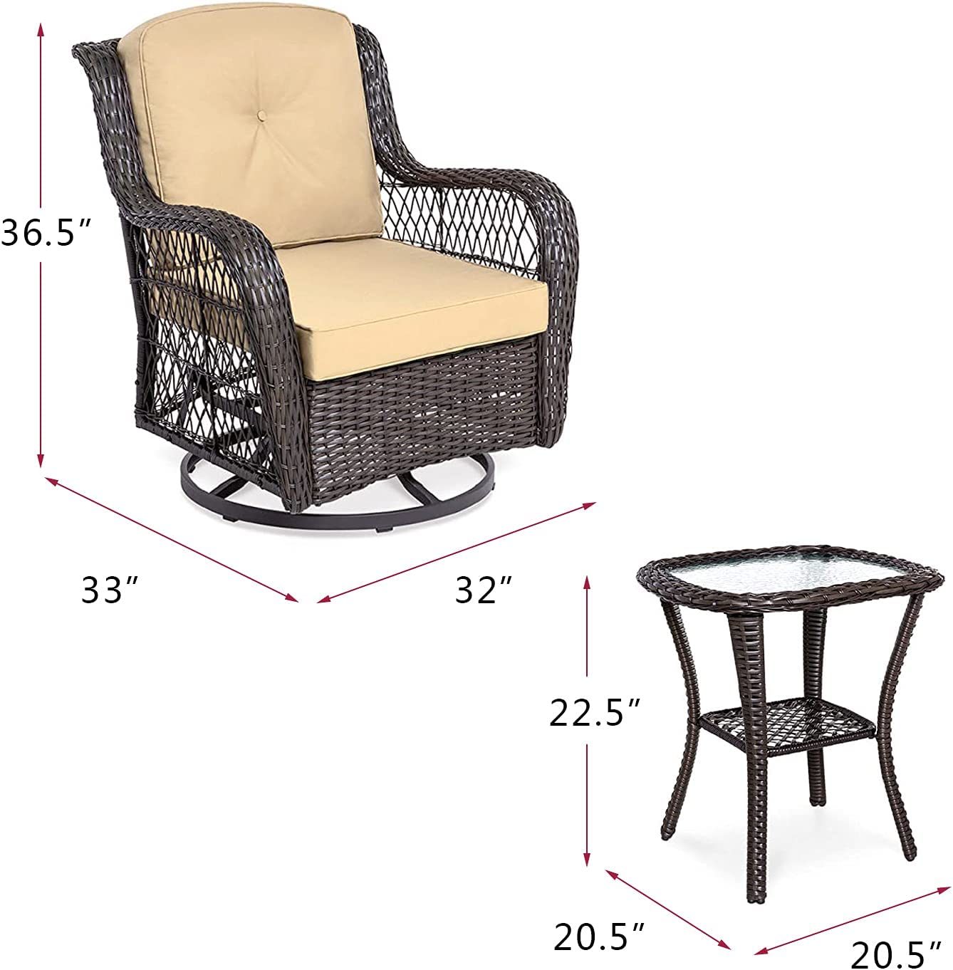 3 Piece Outdoor Resin Wicker Swivel Rocker Patio Chair and Tempered Glass Coffee Table Set