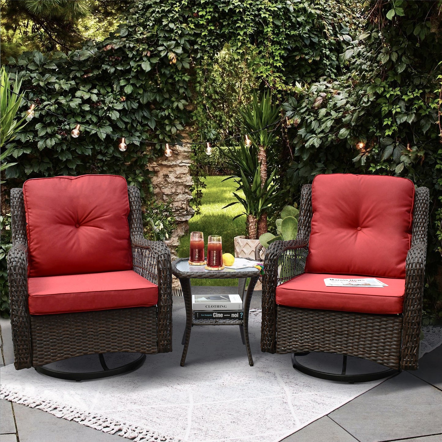 3 Piece Outdoor Resin Wicker Swivel Rocker Patio Chair and Tempered Glass Coffee Table Set