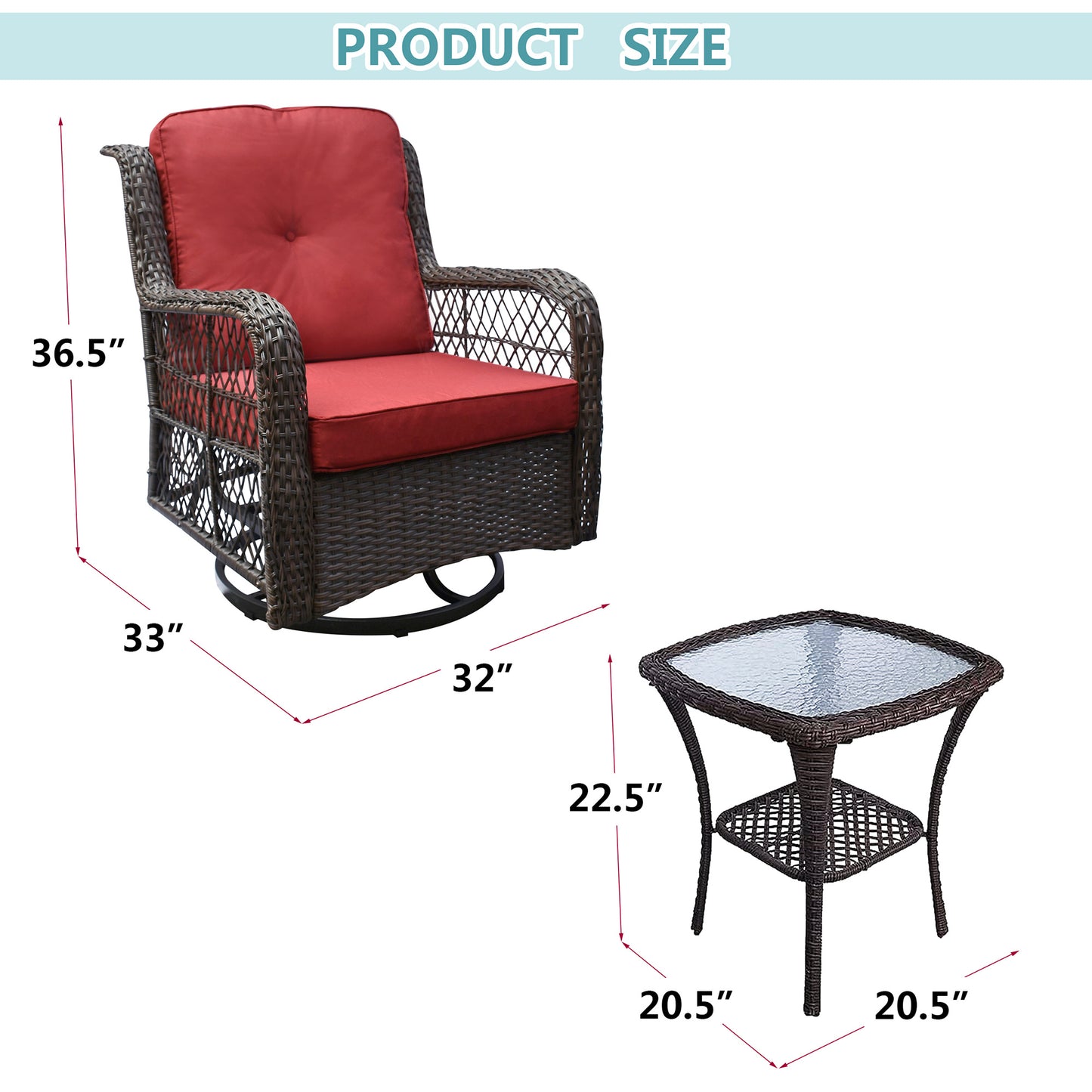 3 Piece Outdoor Resin Wicker Swivel Rocker Patio Chair and Tempered Glass Coffee Table Set