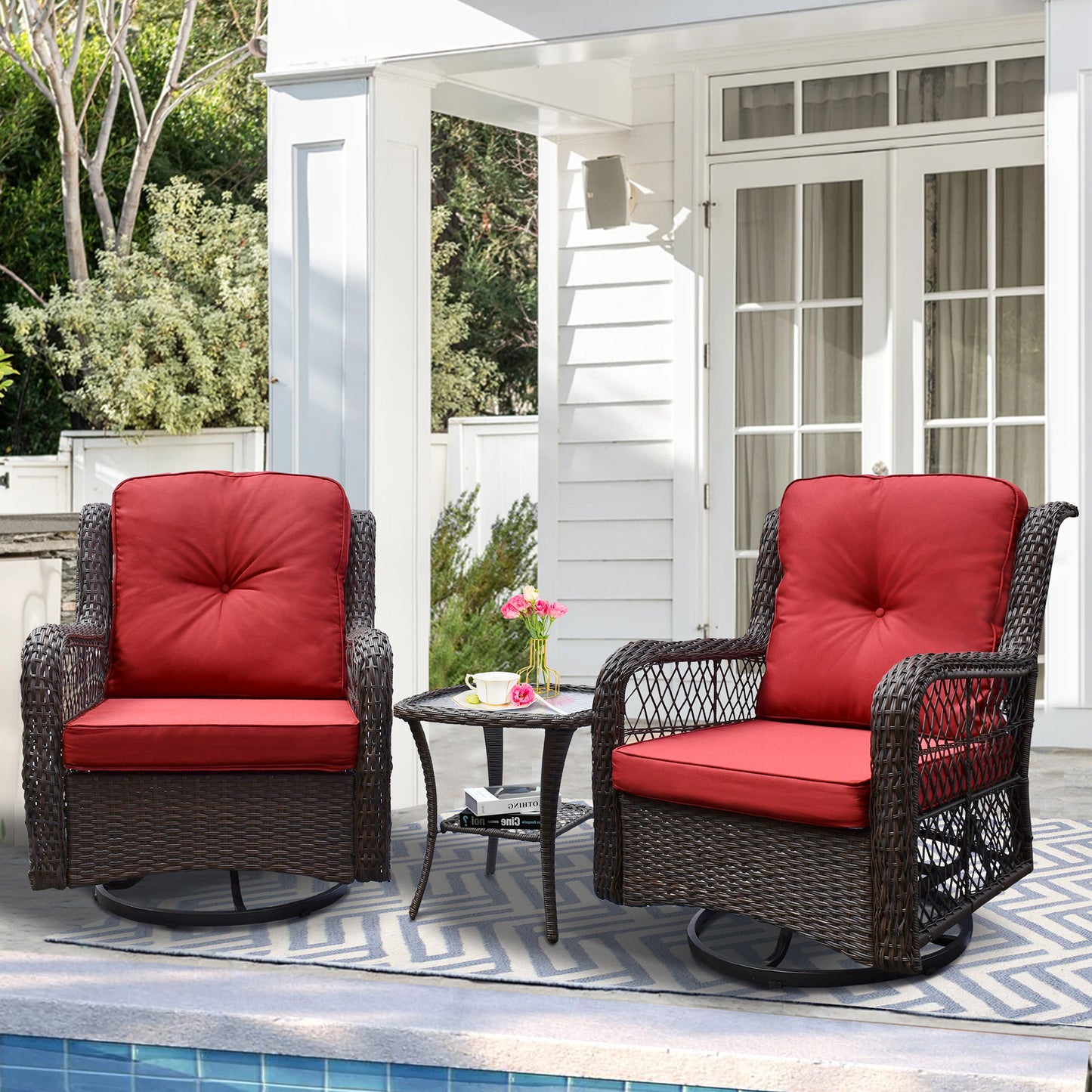 3 Piece Outdoor Resin Wicker Swivel Rocker Patio Chair and Tempered Glass Coffee Table Set