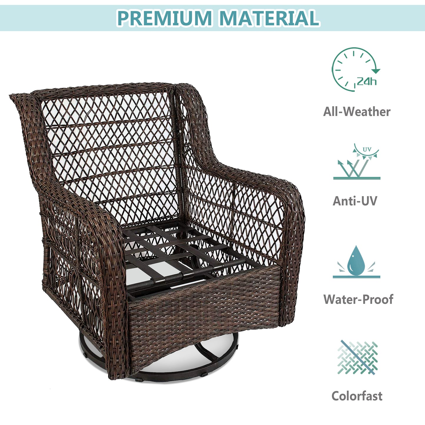 3 Piece Outdoor Resin Wicker Swivel Rocker Patio Chair and Tempered Glass Coffee Table Set