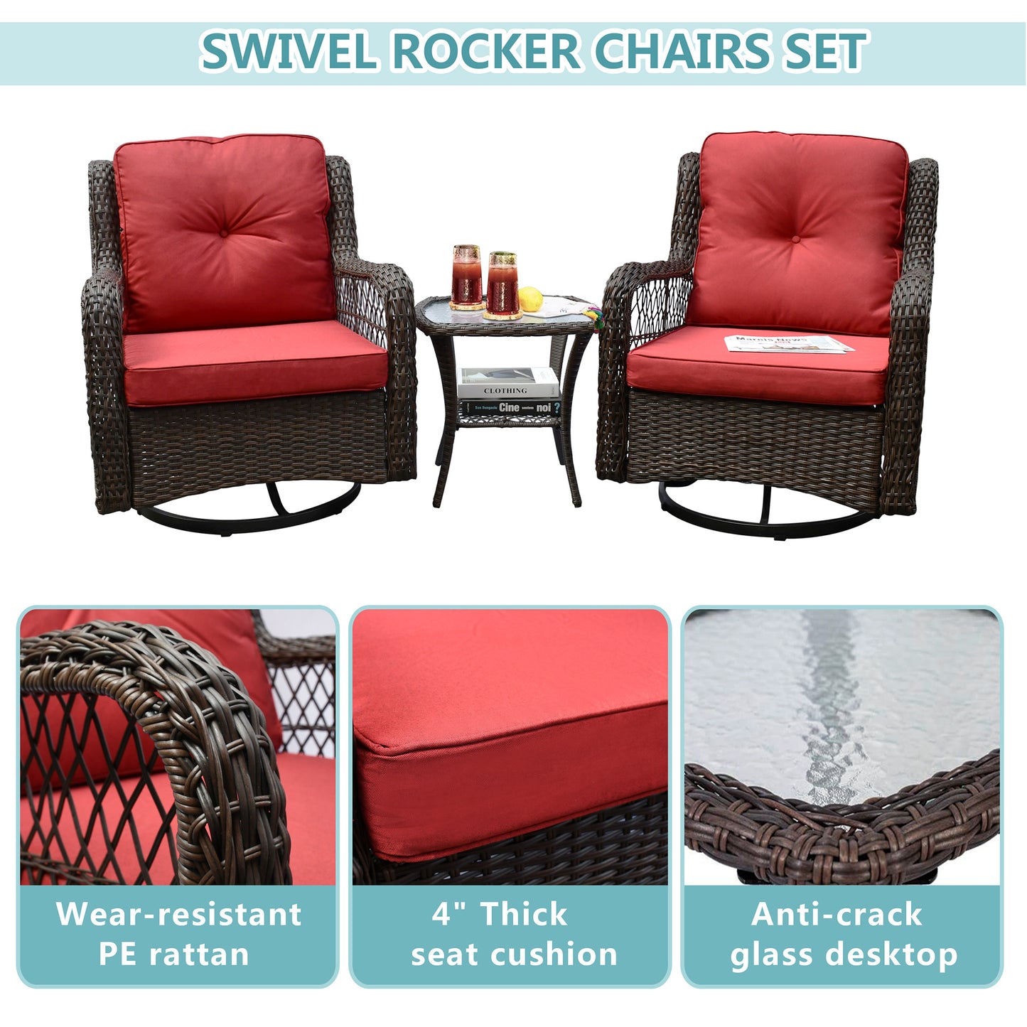 3 Piece Outdoor Resin Wicker Swivel Rocker Patio Chair and Tempered Glass Coffee Table Set