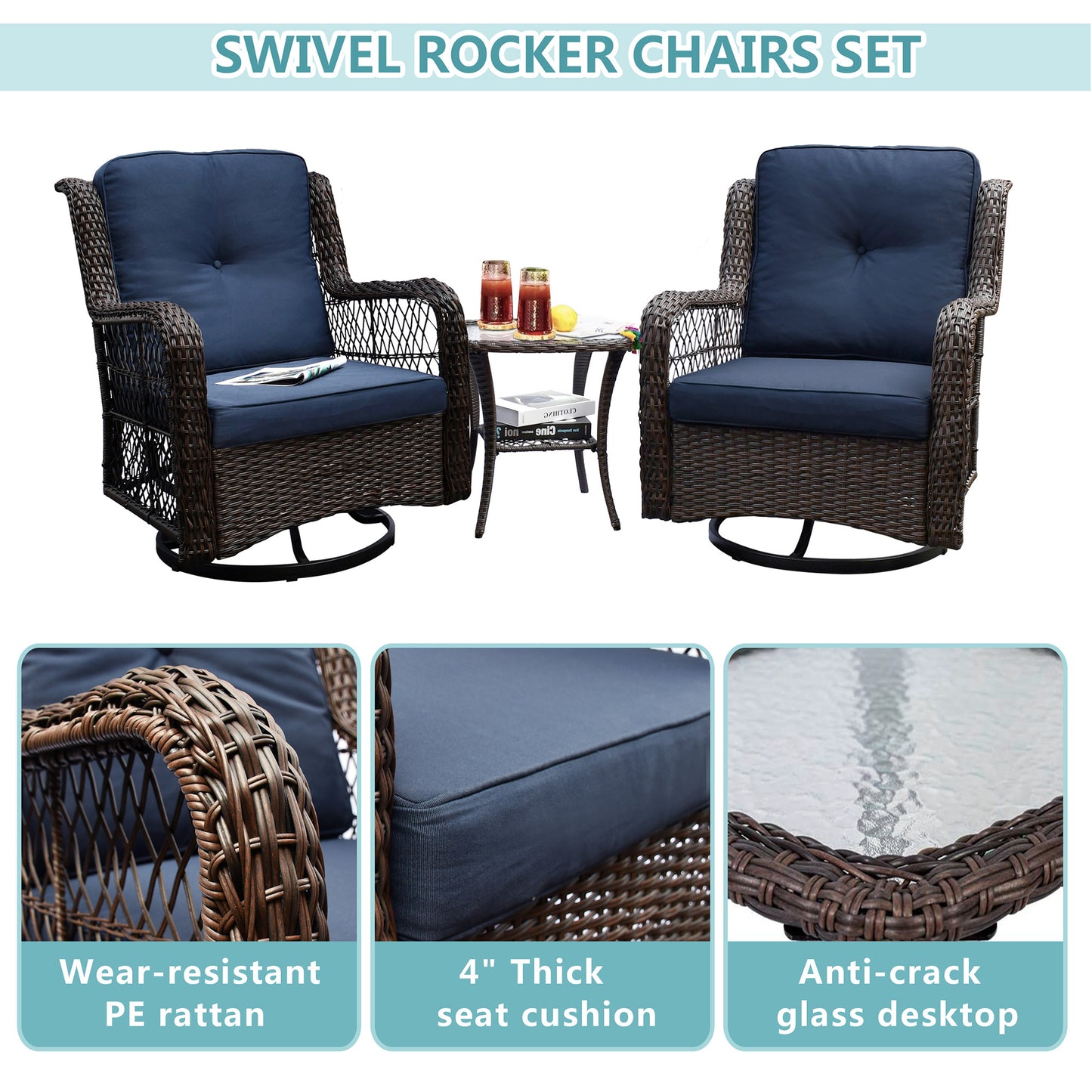 3 Piece Outdoor Resin Wicker Swivel Rocker Patio Chair and Tempered Glass Coffee Table Set