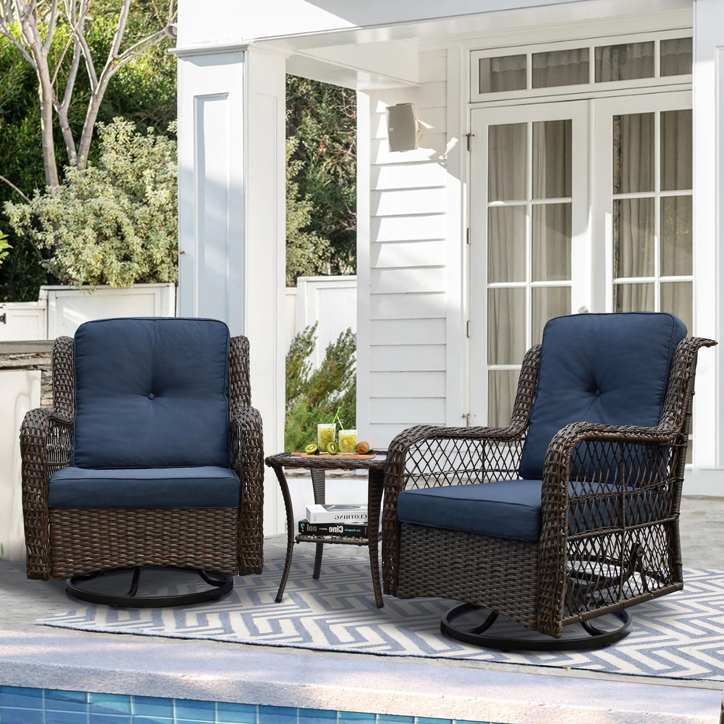 3 Piece Outdoor Resin Wicker Swivel Rocker Patio Chair and Tempered Glass Coffee Table Set