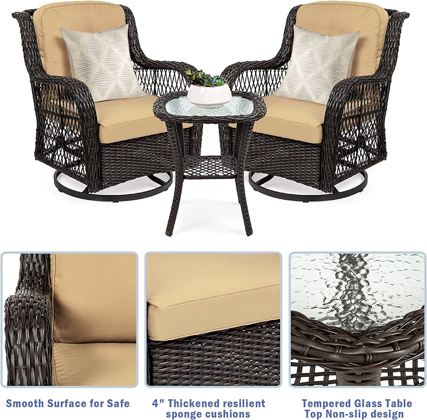 3 Piece Outdoor Resin Wicker Swivel Rocker Patio Chair and Tempered Glass Coffee Table Set