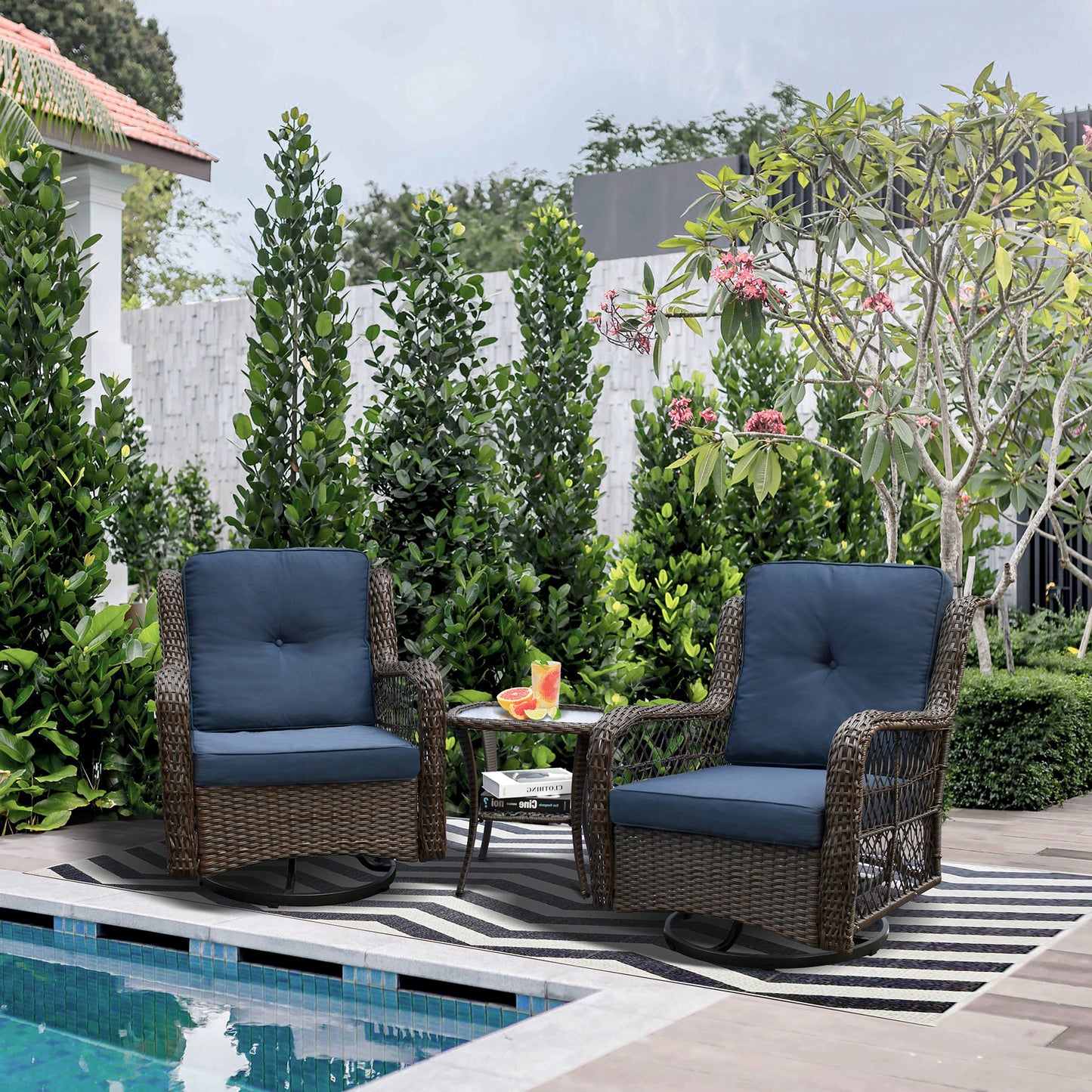 3 Piece Outdoor Resin Wicker Swivel Rocker Patio Chair and Tempered Glass Coffee Table Set