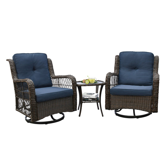 3 Piece Outdoor Resin Wicker Swivel Rocker Patio Chairs in Navy Blue