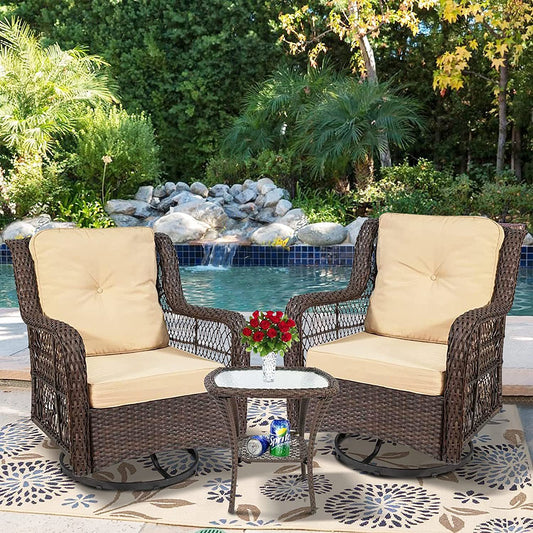 3 Piece Outdoor Resin Wicker Swivel Rocker Patio Chair and Tempered Glass Coffee Table Set
