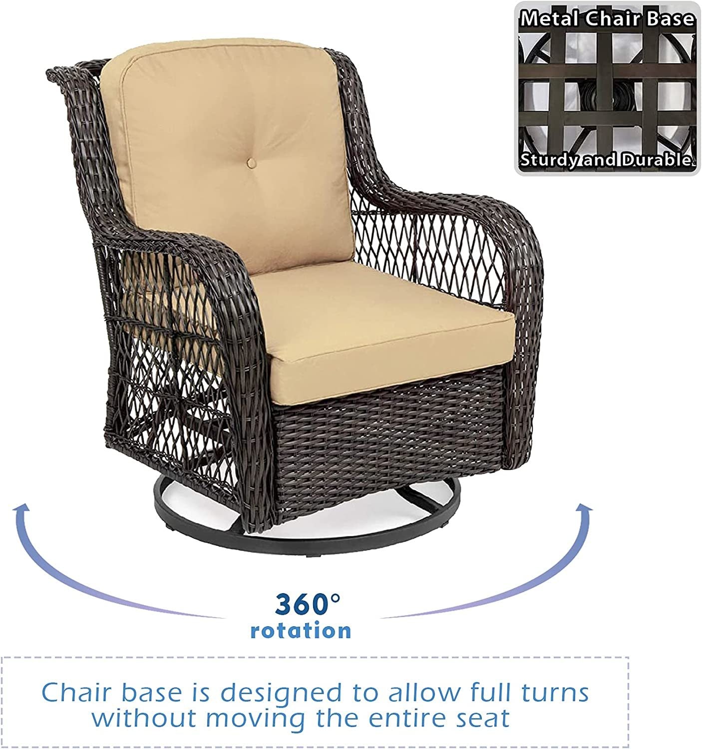 3 Piece Outdoor Resin Wicker Swivel Rocker Patio Chair and Tempered Glass Coffee Table Set