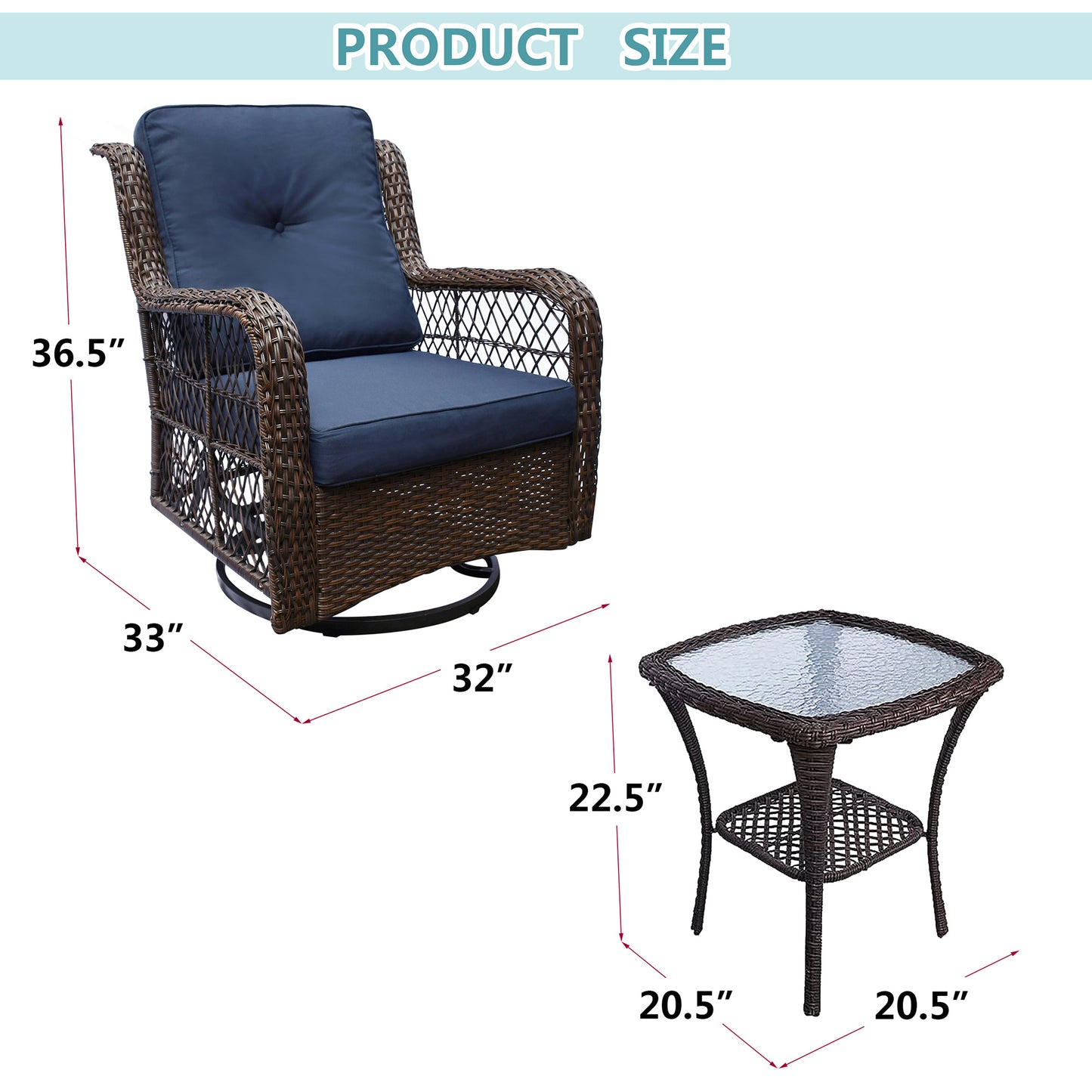 3 Piece Outdoor Resin Wicker Swivel Rocker Patio Chair and Tempered Glass Coffee Table Set