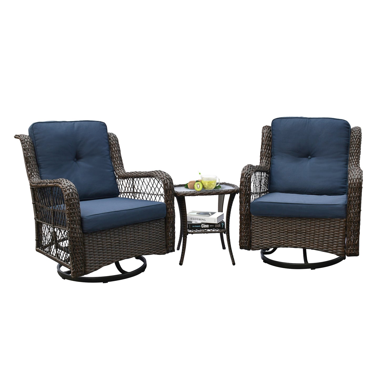 3 Piece Outdoor Resin Wicker Swivel Rocker Patio Chair and Tempered Glass Coffee Table Set