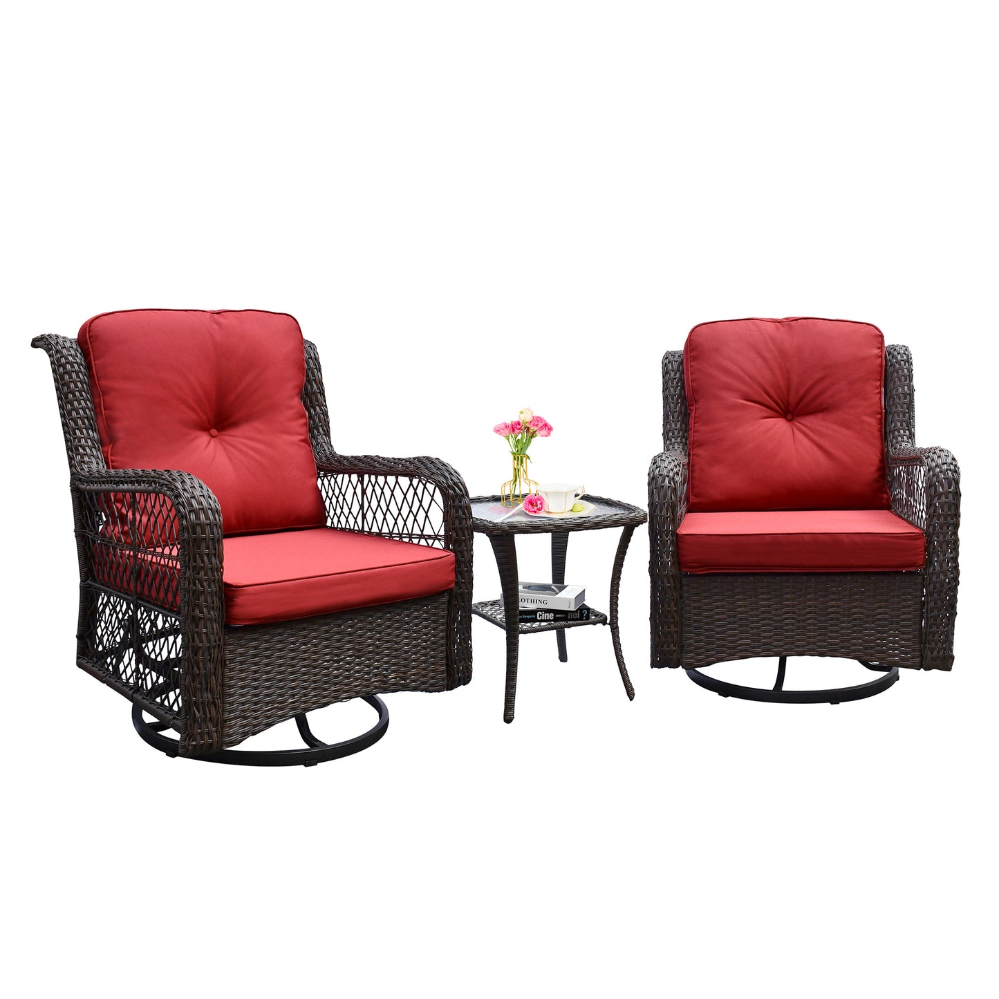 3 Piece Outdoor Resin Wicker Swivel Rocker Patio Chair and Tempered Glass Coffee Table Set