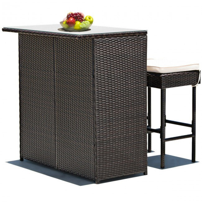 3 Pieces Patio Rattan Wicker Bar Table Dining Set with Stools