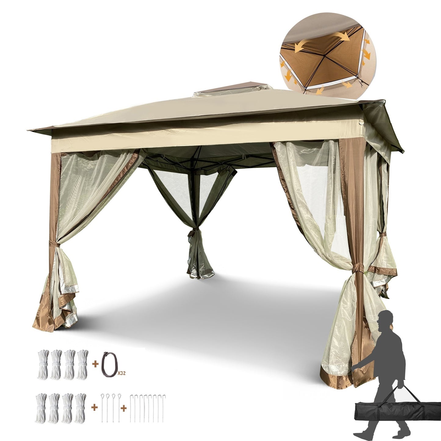 11x 11Ft Pop Up Gazebo Canopy With Removable Zipper Netting and 2-Tier Soft Top in Coffee