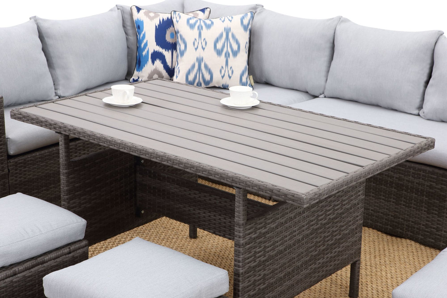 7-Pieces PE Rattan Wicker Patio Dining Sectional Sofa Set with Grey cushions