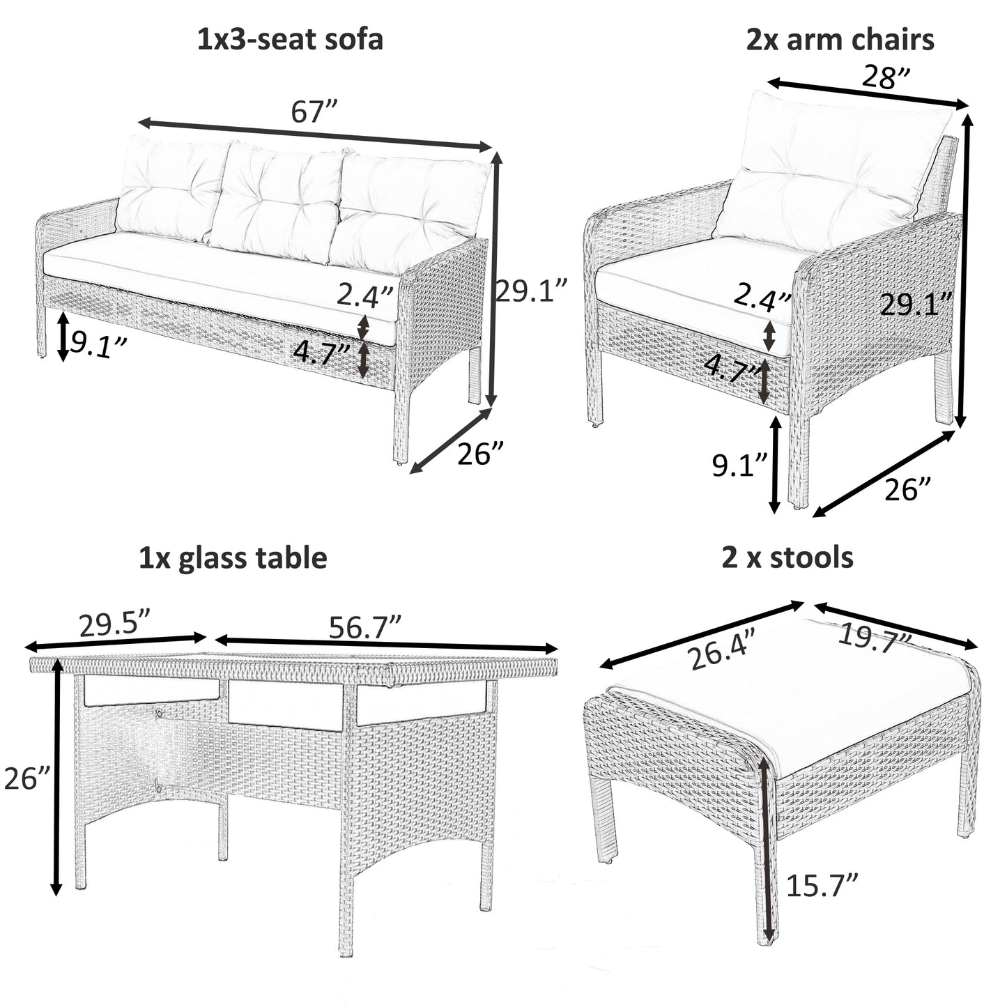 6-Piece Outdoor Wicker Rattan Sofa Set Dining Table Set with Removable Cushions and Tempered Glass Table