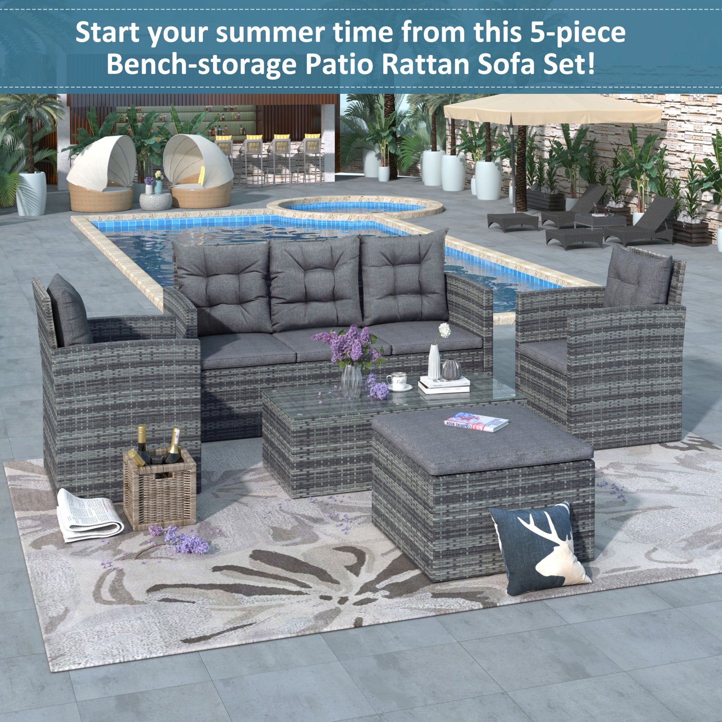 5 piece Outdoor UV-Resistant Patio Sofa Set with Storage Bench All Weather