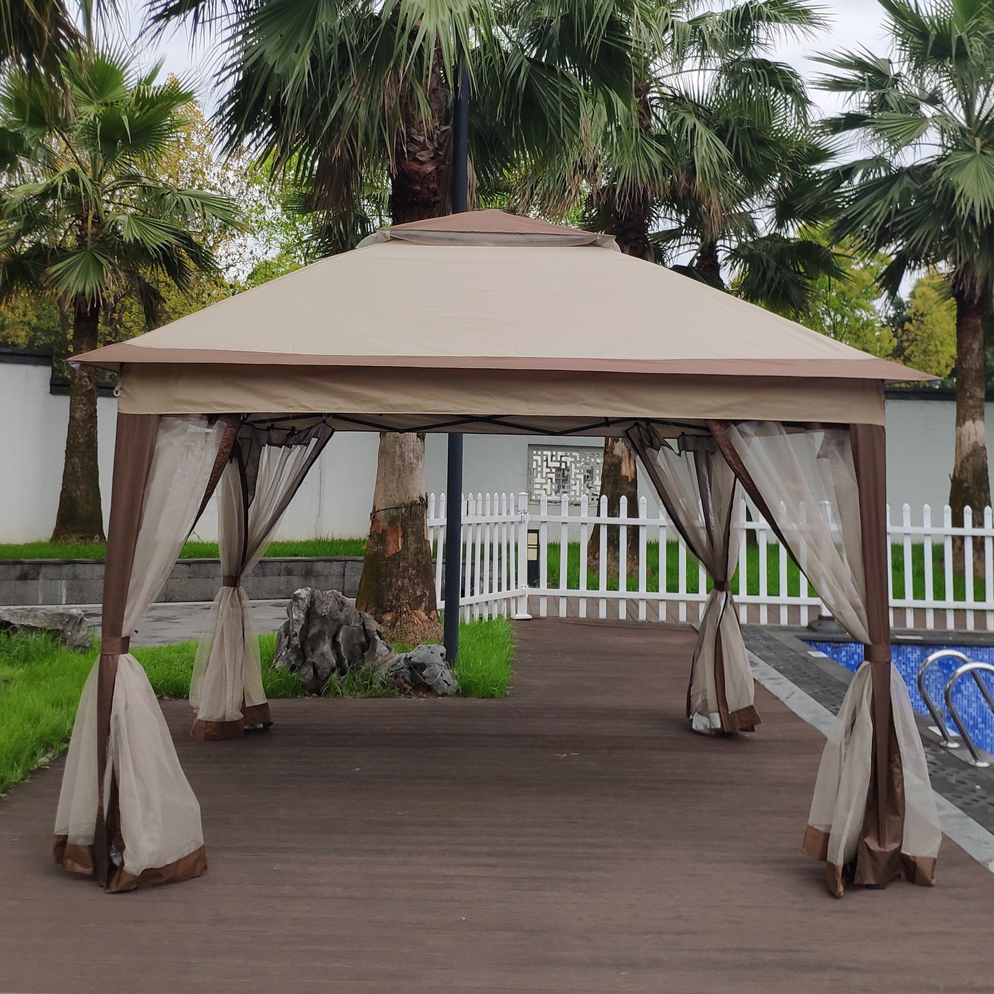 11x 11Ft Pop Up Gazebo Canopy With Removable Zipper Netting and 2-Tier Soft Top in Coffee