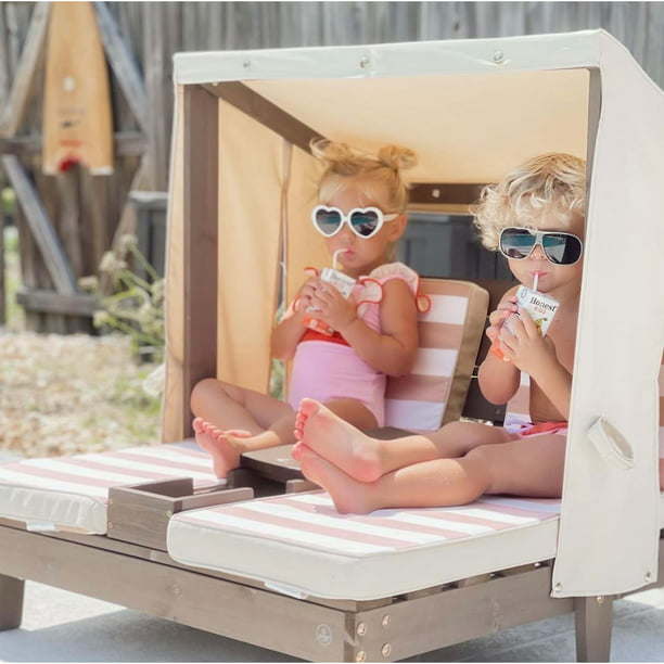 Wooden Outdoor Double Chaise Lounge With Cup Holders (For Kids)