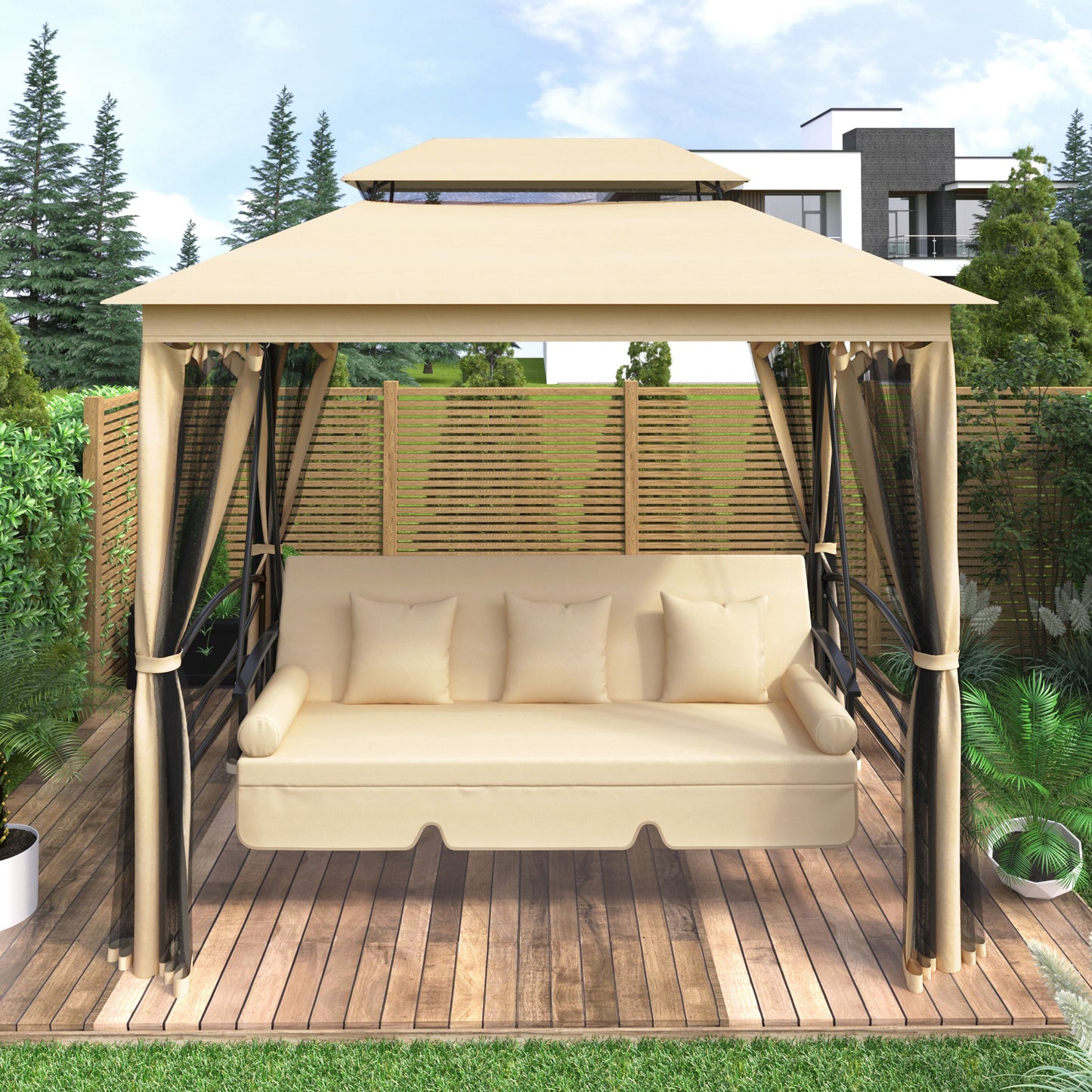 Outdoor Gazebo with Convertible Swing Bench and Mosquito Netting