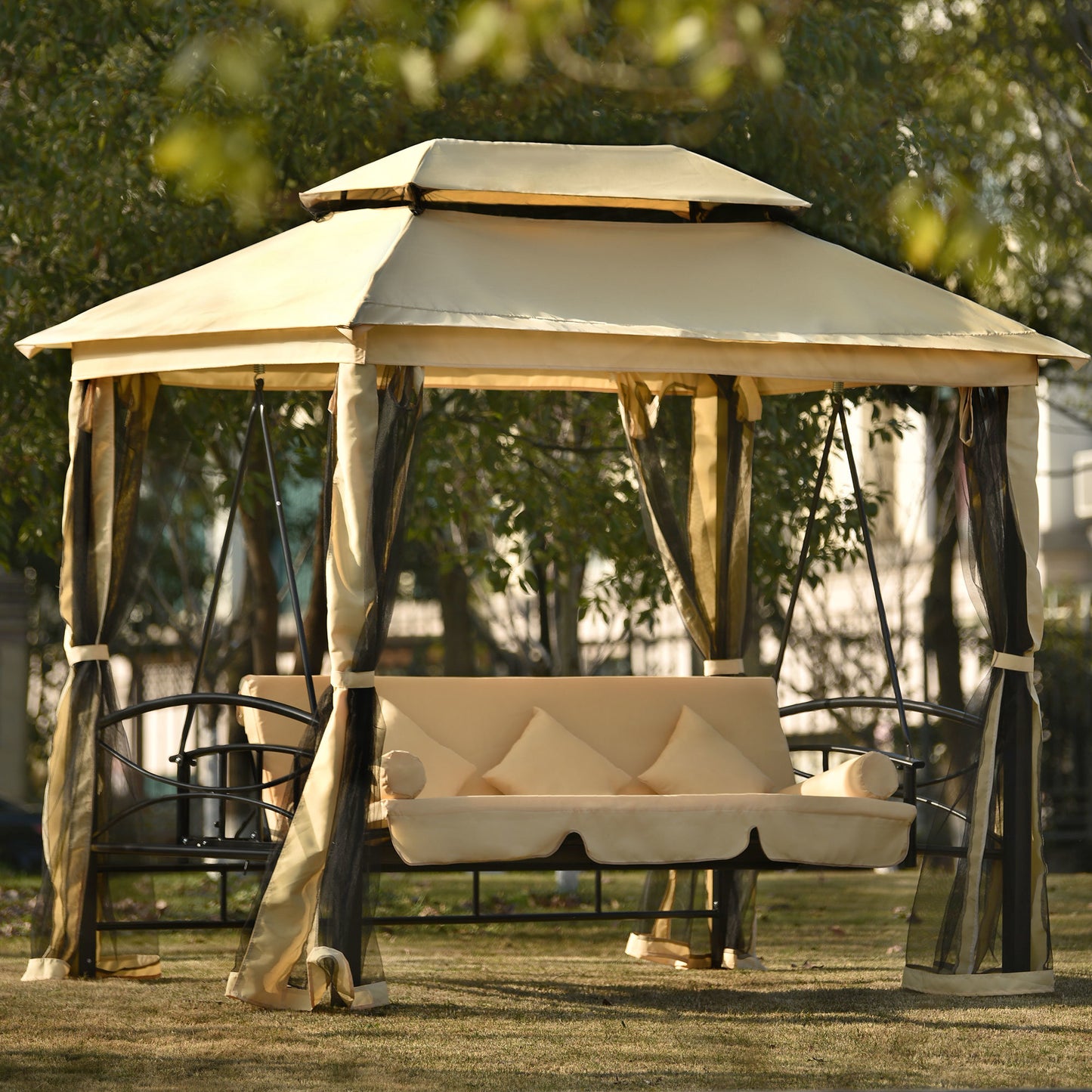 Gazebo with Convertible Swing Bench;  Double Roof with Mosquito Netting