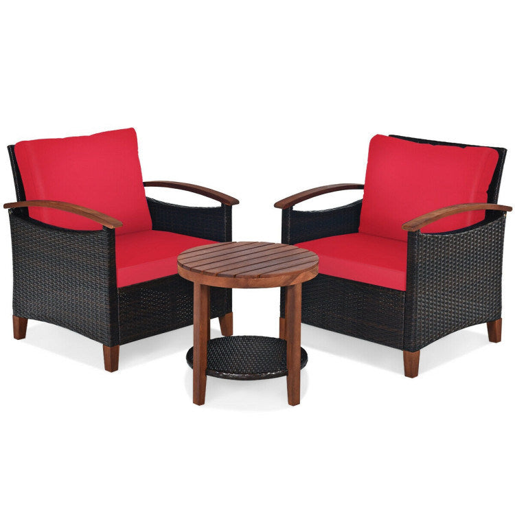 3 Pieces Patio Rattan Furniture Set with Washable Cushion and Acacia Wood Tabletop