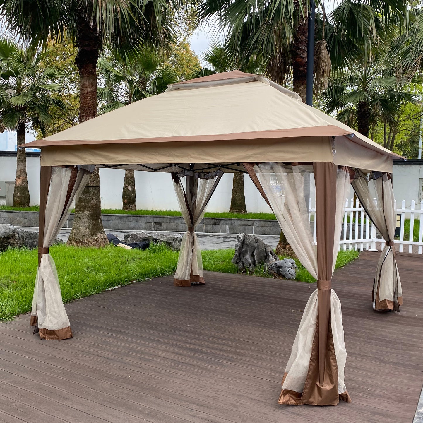 11x 11Ft Pop Up Gazebo Canopy With Removable Zipper Netting and 2-Tier Soft Top in Coffee