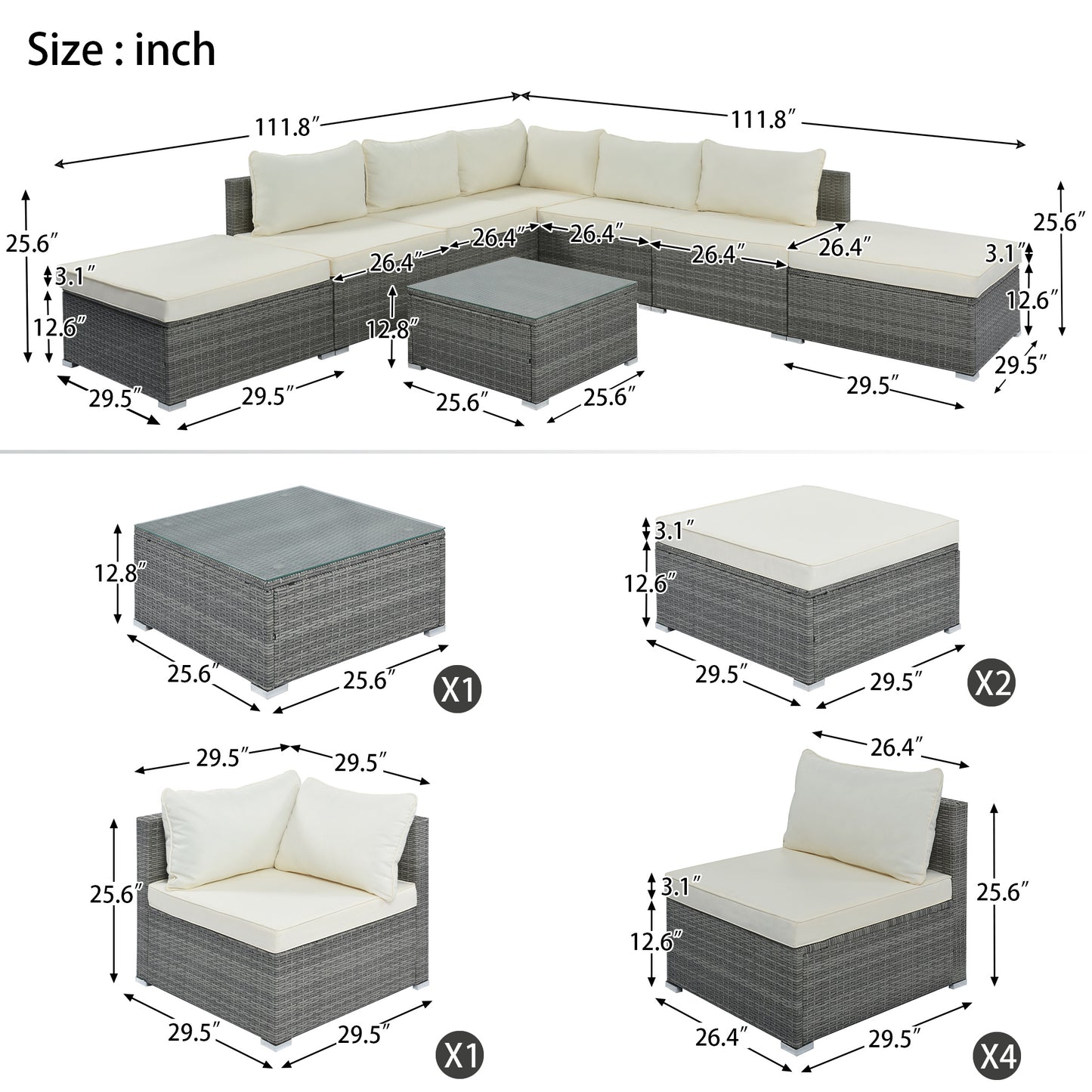 8-Pieces Outdoor Combinable Wicker Furniture Set