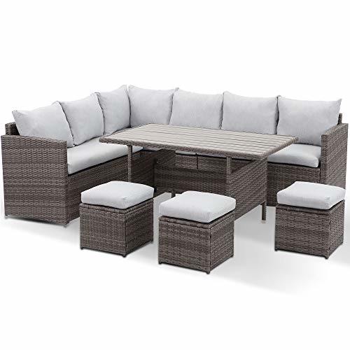 7-Pieces PE Rattan Wicker Patio Dining Sectional Sofa Set with Grey cushions