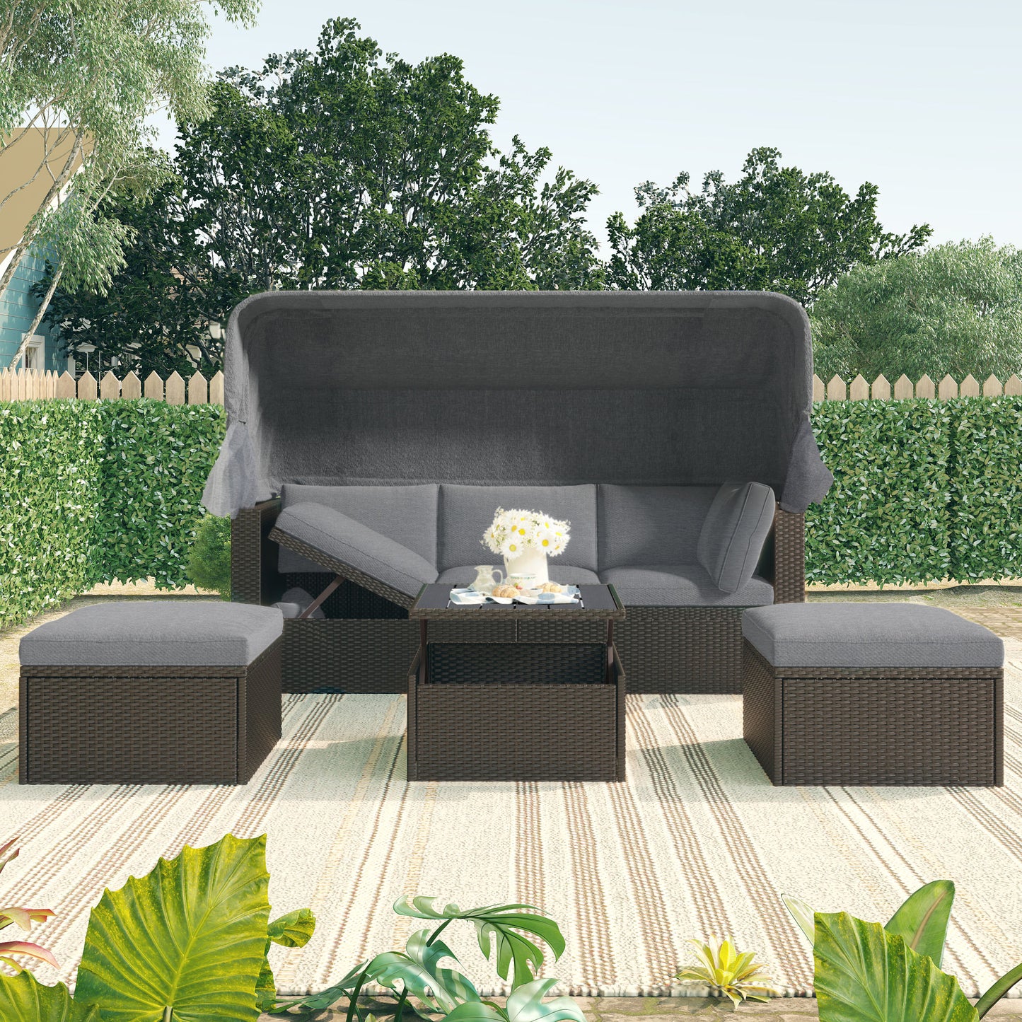 Outdoor Patio Rectangle Daybed with Retractable Canopy