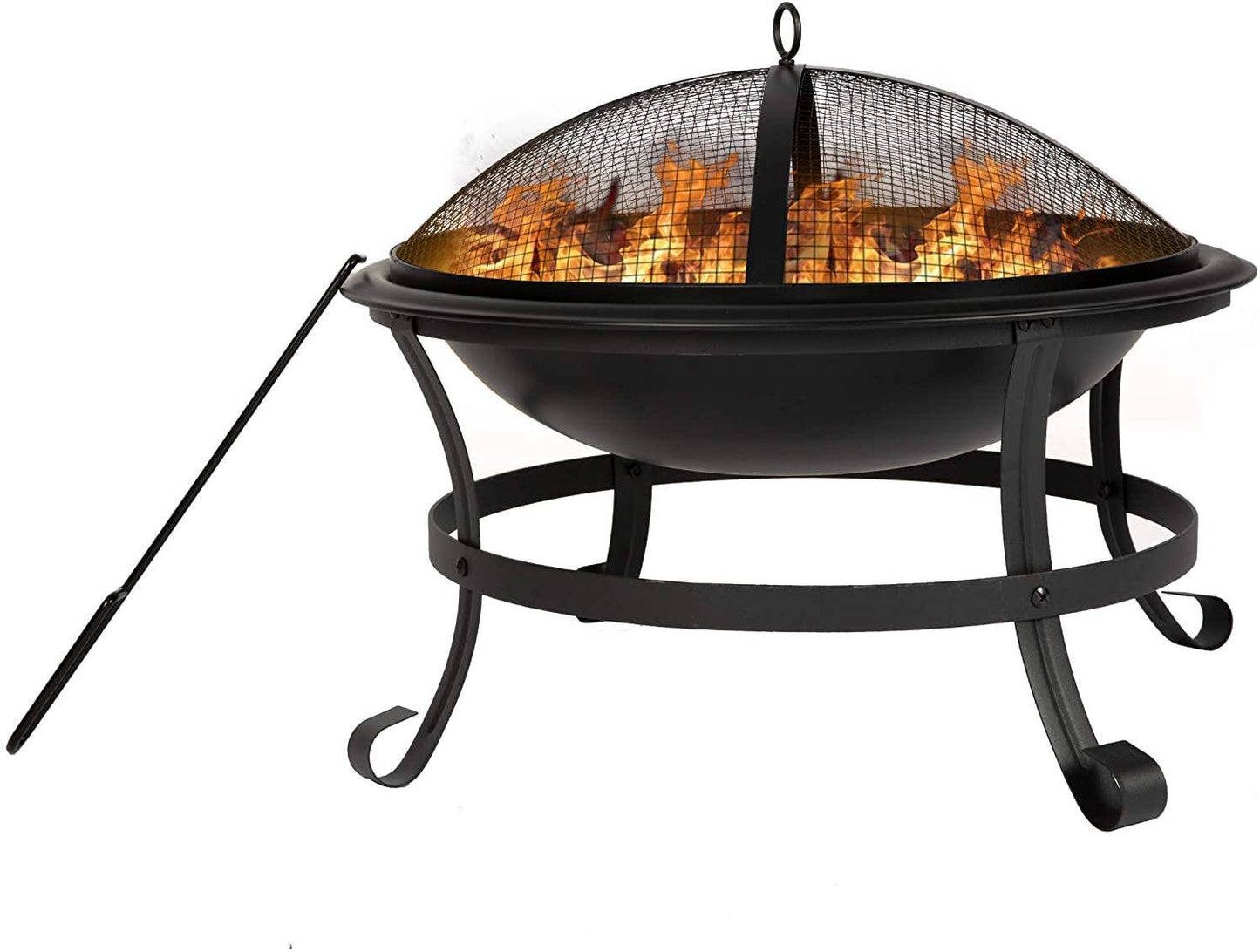 22'' Outdoor Wood Burning BBQ Grill Firepit Bowl w/Spark Round Mesh Spark Screen Cover Fire Poker Patio Steel Fire Pit Bonfire for Backyard Camping