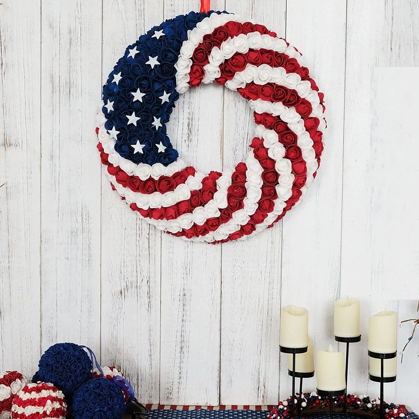 Patriotic Americana Wreath;  Handcrafted Holiday Wreath Garland Decoration