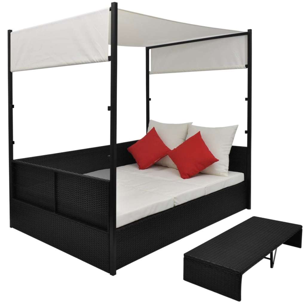 Poly Rattan Black Lounge Bed with Canopy