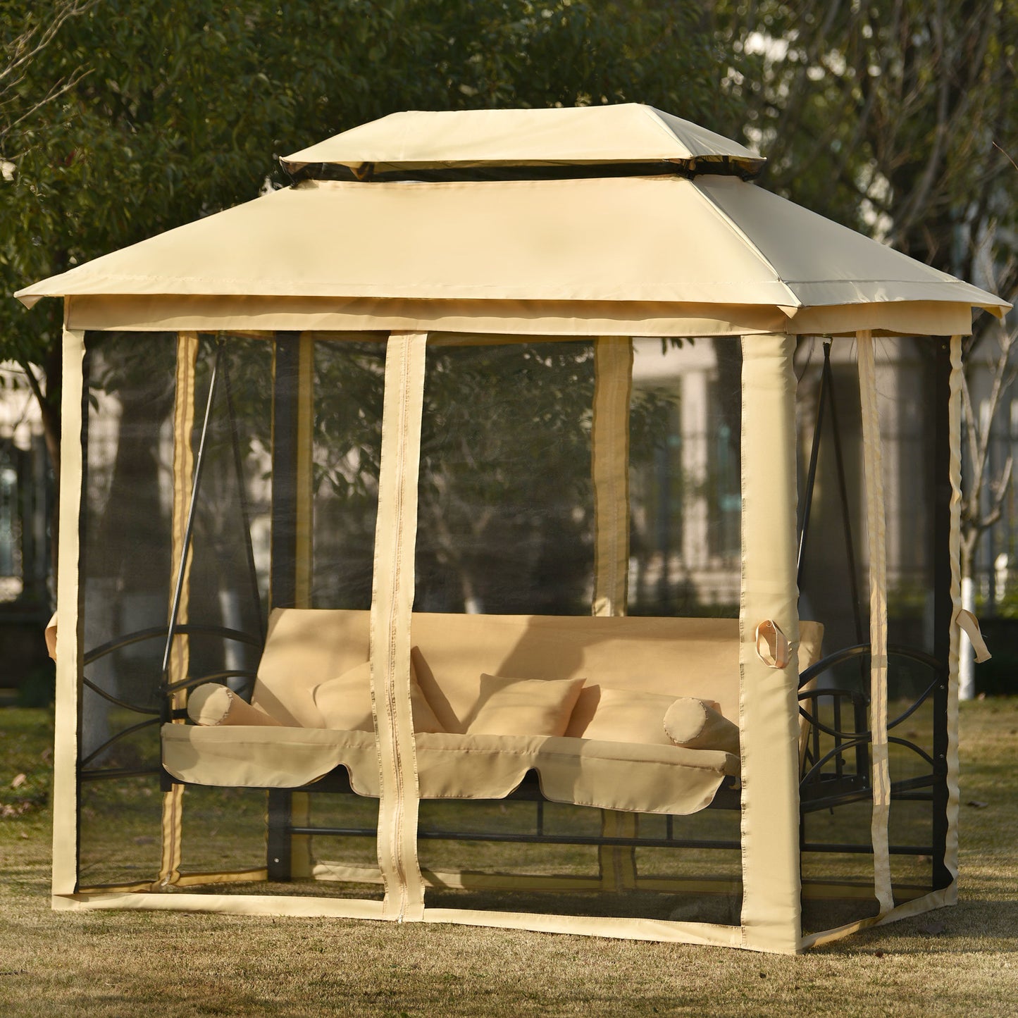 Gazebo with Convertible Swing Bench;  Double Roof with Mosquito Netting