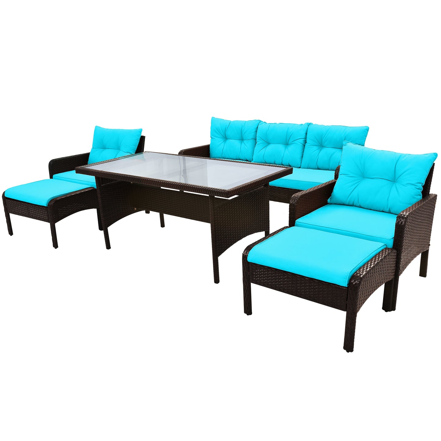 6-Piece Outdoor Wicker Rattan Sofa Set Dining Table Set with Removable Cushions and Tempered Glass Table