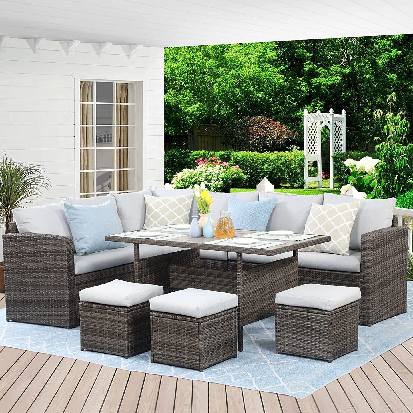 7-Pieces PE Rattan Wicker Patio Dining Sectional Sofa Set with Grey cushions