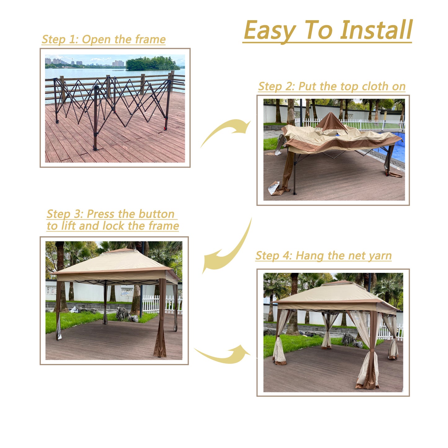 11x 11Ft Pop Up Gazebo Canopy With Removable Zipper Netting and 2-Tier Soft Top in Coffee