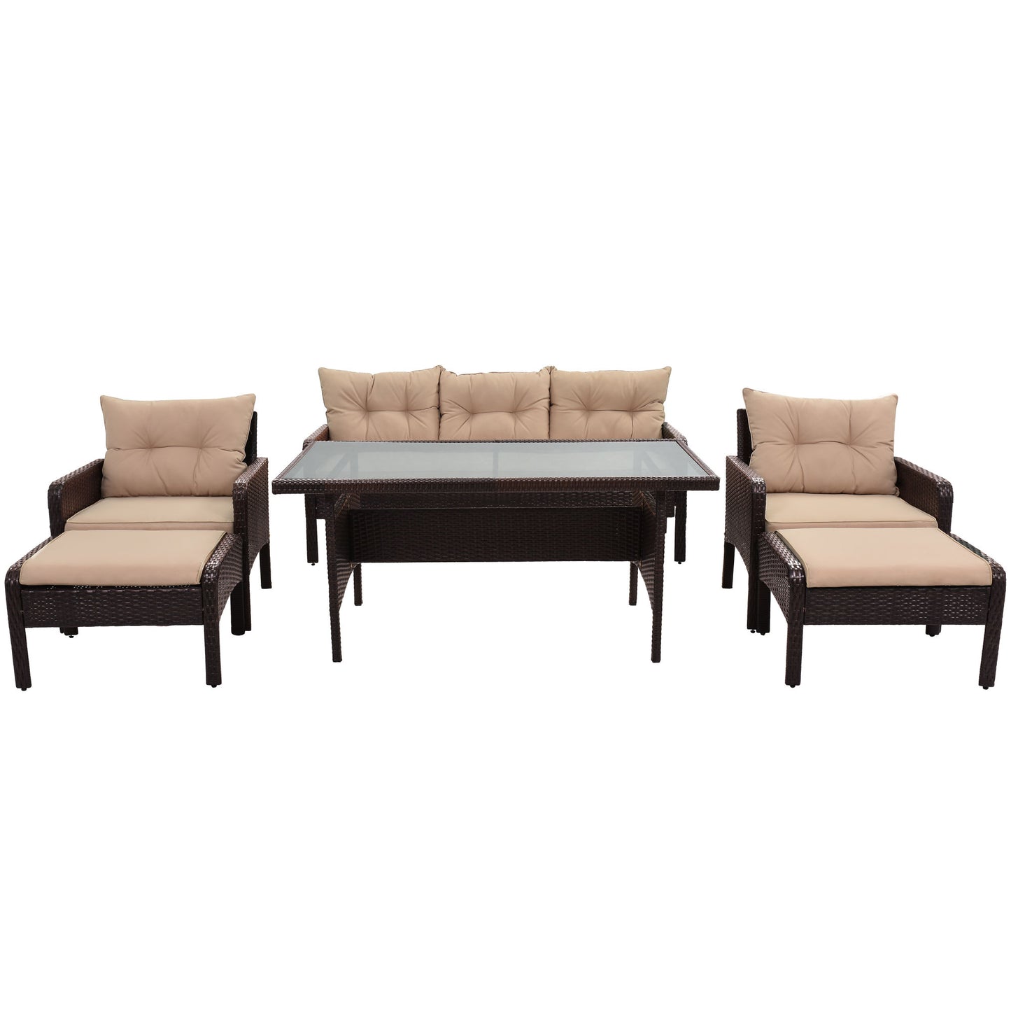 6-Piece Outdoor Wicker Rattan Sofa Set Dining Table Set with Removable Cushions and Tempered Glass Table