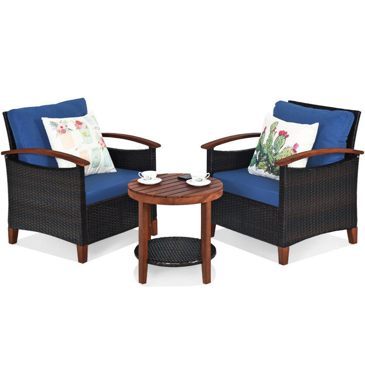 3 Pieces Patio Rattan Furniture Set with Washable Cushion and Acacia Wood Tabletop