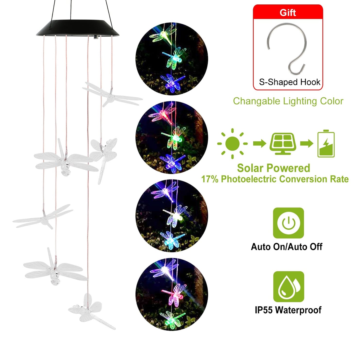 Solar Powered Dragonfly Wind Chime LED Color Changing