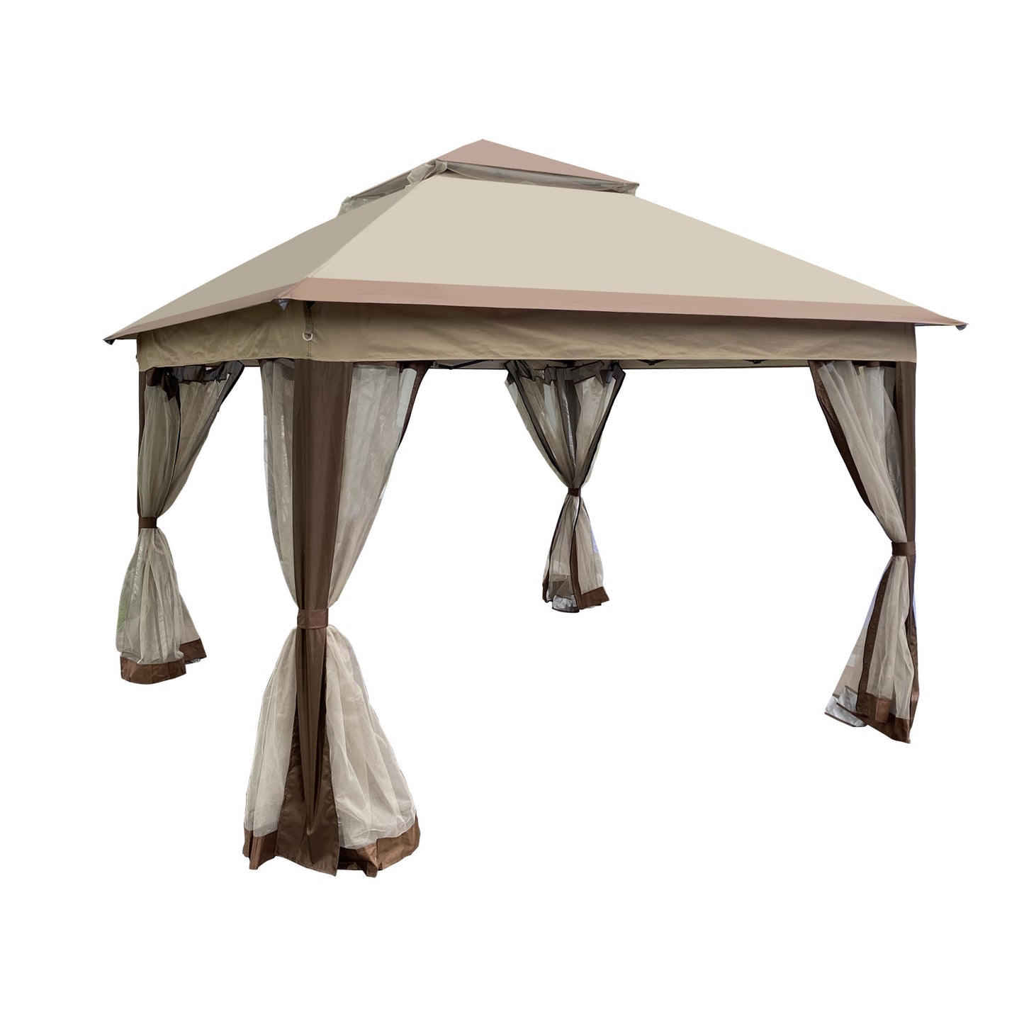 11x 11Ft Pop Up Gazebo Canopy With Removable Zipper Netting and 2-Tier Soft Top in Coffee