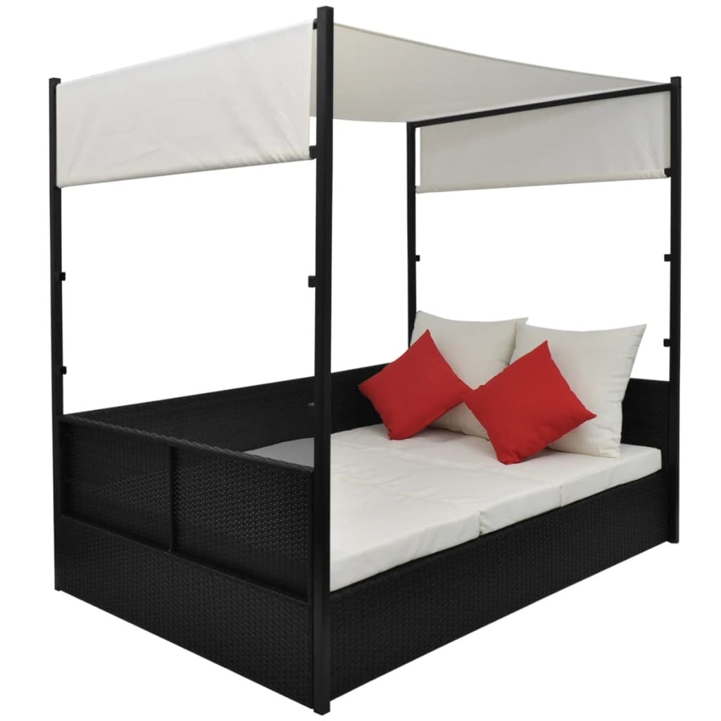 Poly Rattan Black Lounge Bed with Canopy