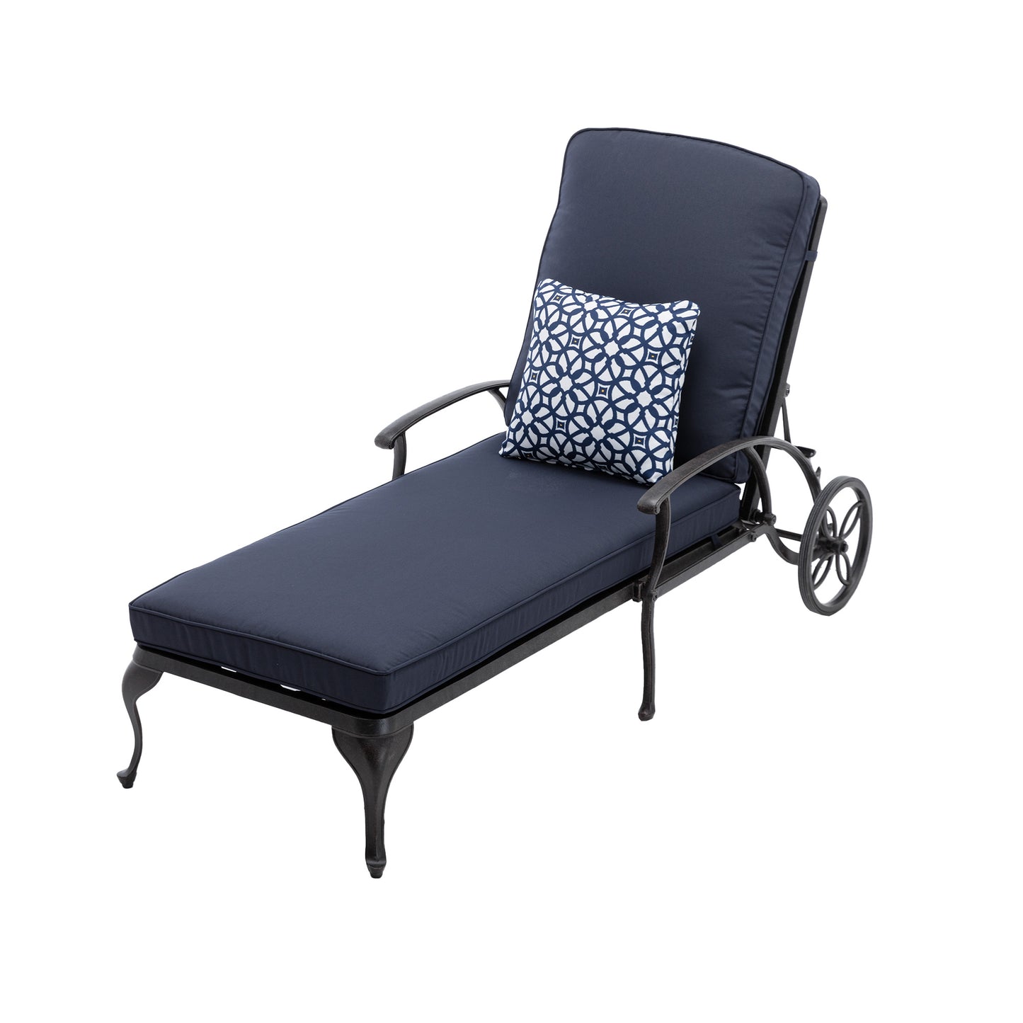 Outdoor Lounge Chair with Navy Blue Cushions with Wheels and Adjustable Reclining