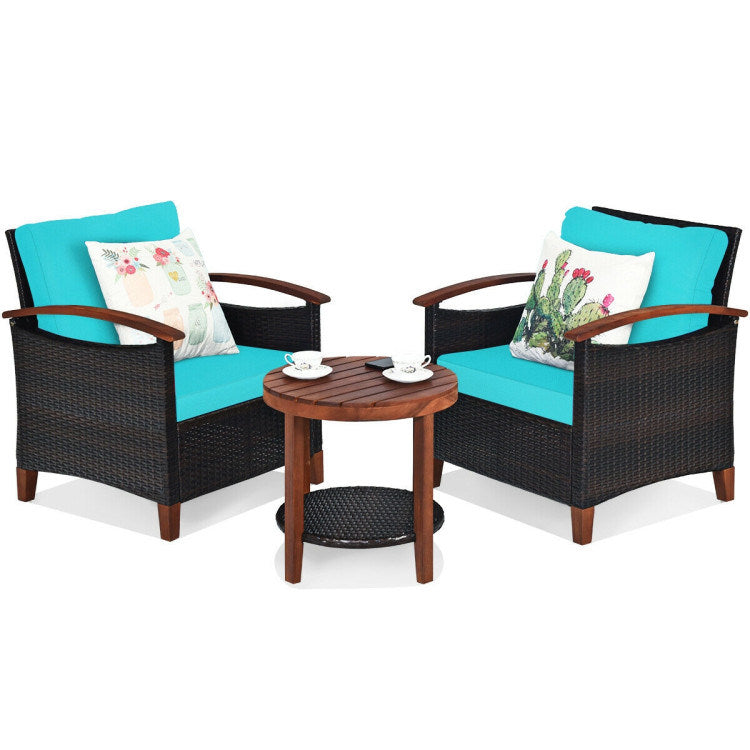 3 Pieces Patio Rattan Furniture Set with Washable Cushion and Acacia Wood Tabletop