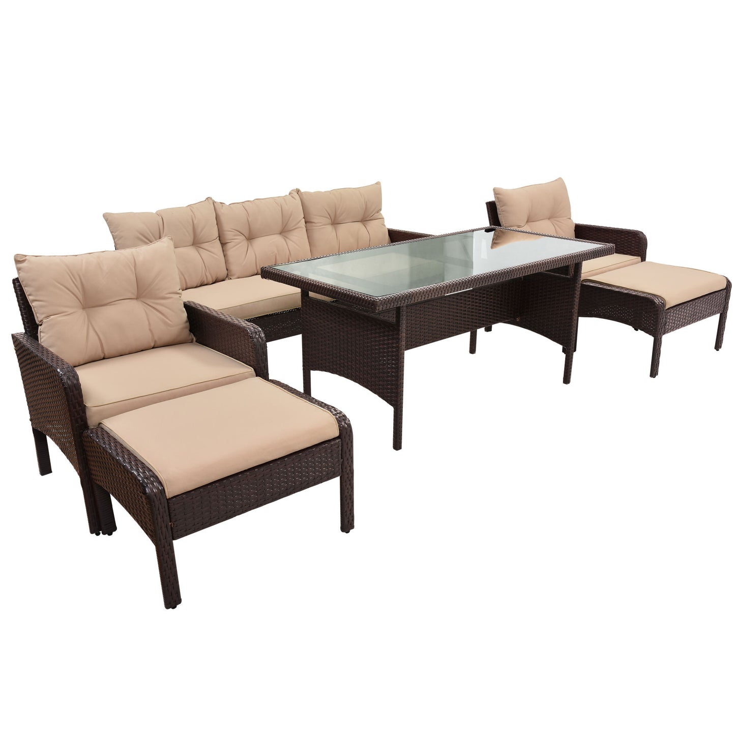 6-Piece Outdoor Wicker Rattan Sofa Set Dining Table Set with Removable Cushions and Tempered Glass Table