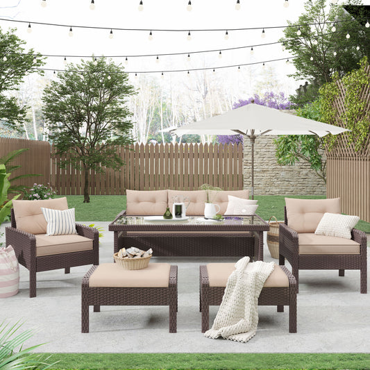 6-Piece Outdoor Wicker Rattan Sofa Set Dining Table Set with Removable Cushions and Tempered Glass Table