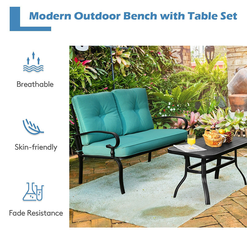 2PCS Patio Loveseat Bench with Table and Cushions