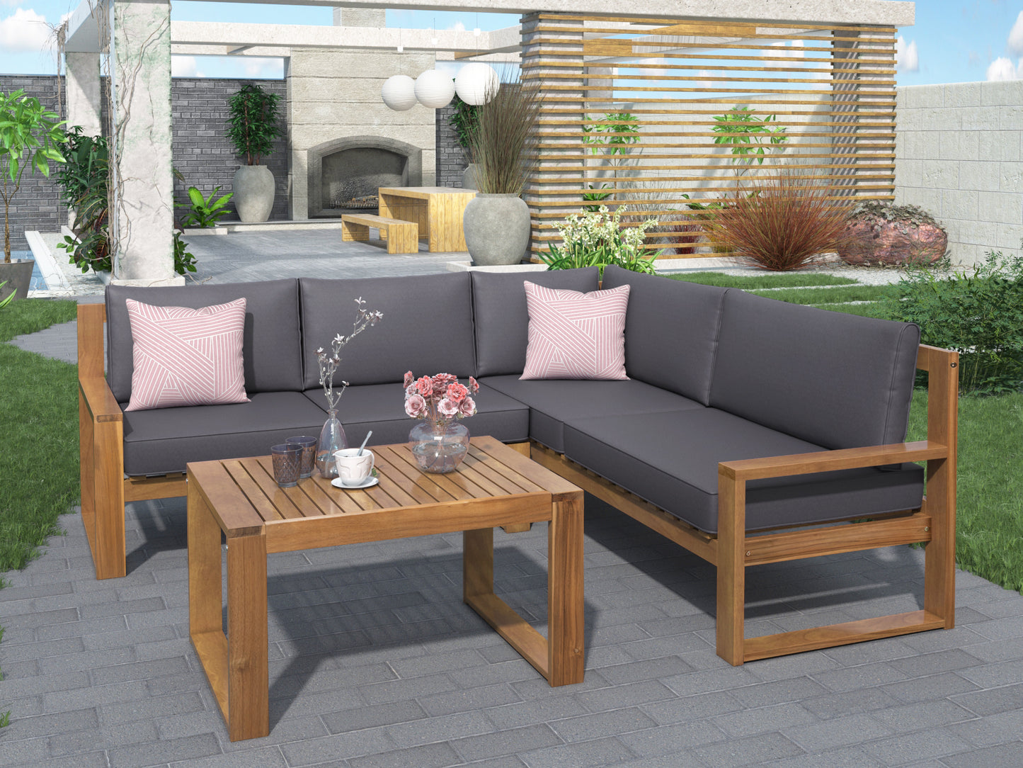 Acacia Wood l Teak Finish 3-Piece Patio Sectional Set