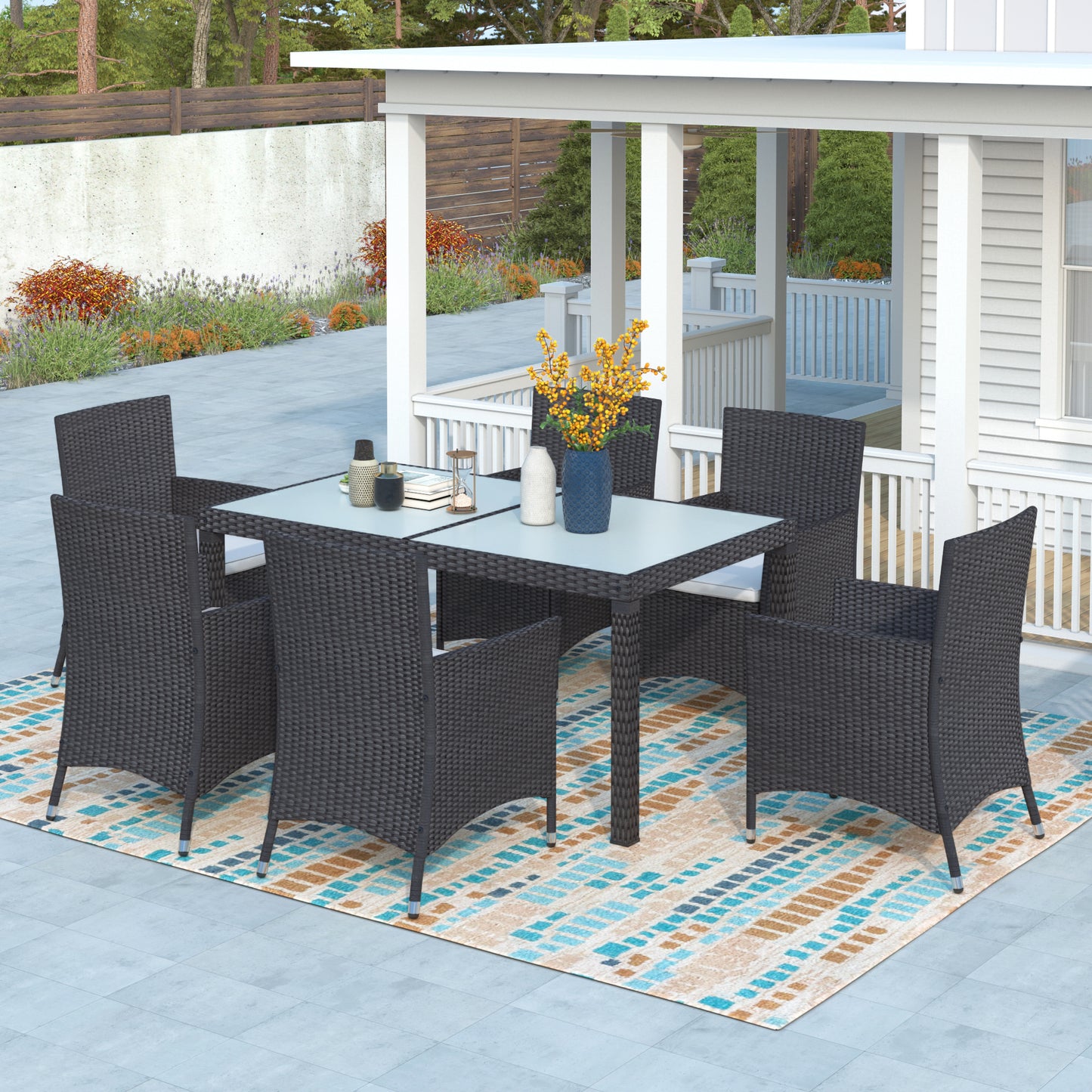 7-piece Outdoor Wicker Dining set - Patio Rattan Furniture Set with Beige Cushion