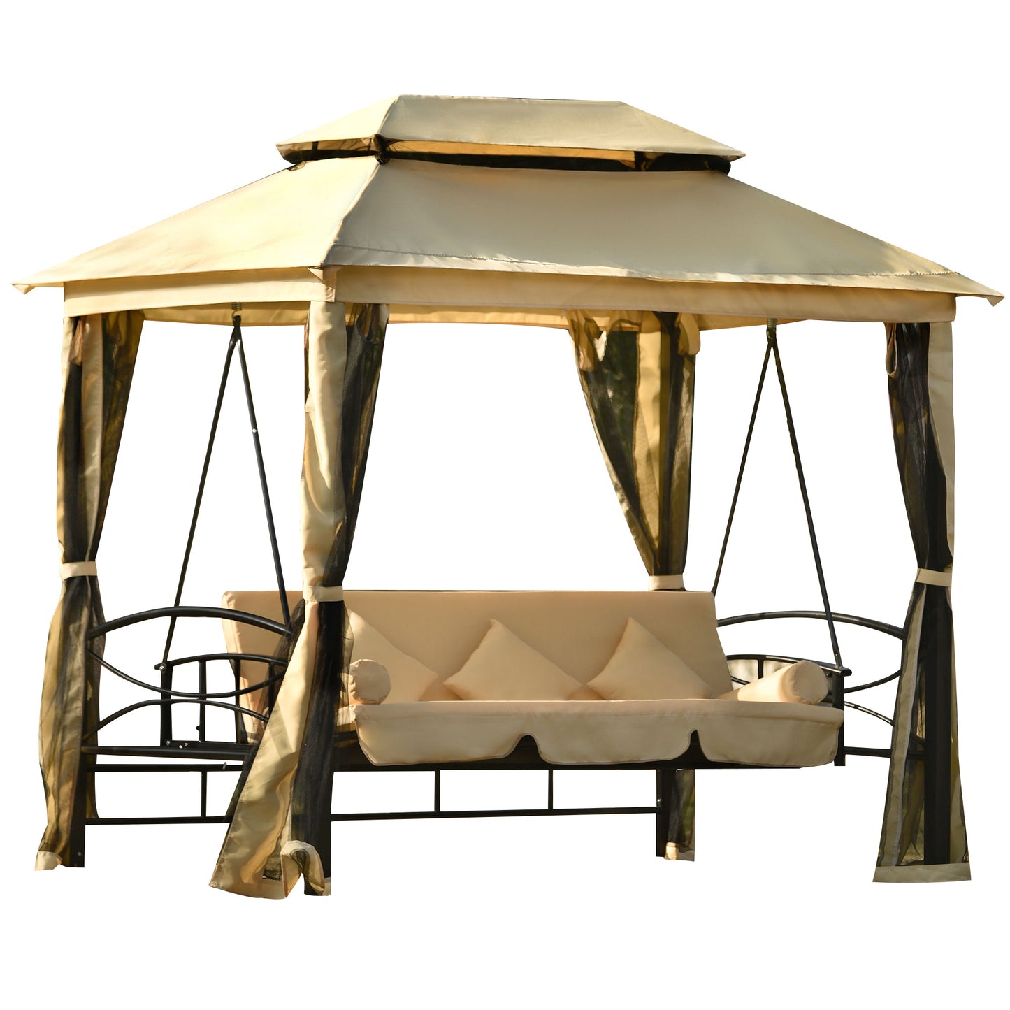 Gazebo with Convertible Swing Bench;  Double Roof with Mosquito Netting